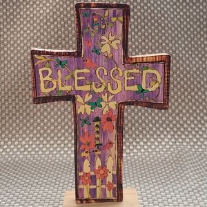 Wood BLESSED cross w bright cheerful design